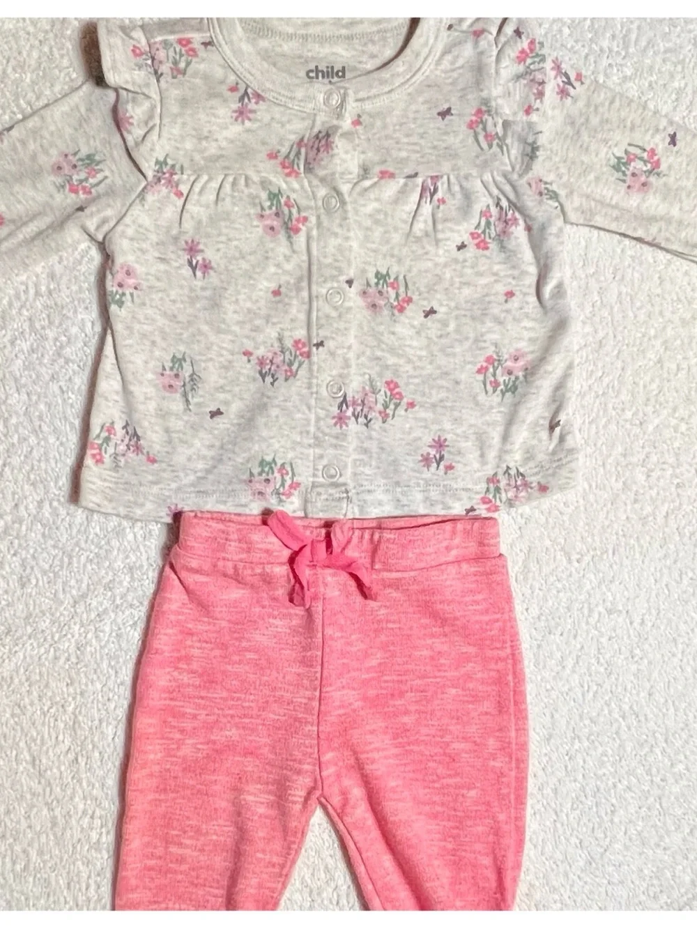 Newborn-3 month Baby Pink Long-Sleeve Onesie with Dark Jegging Pants & Hair Bow